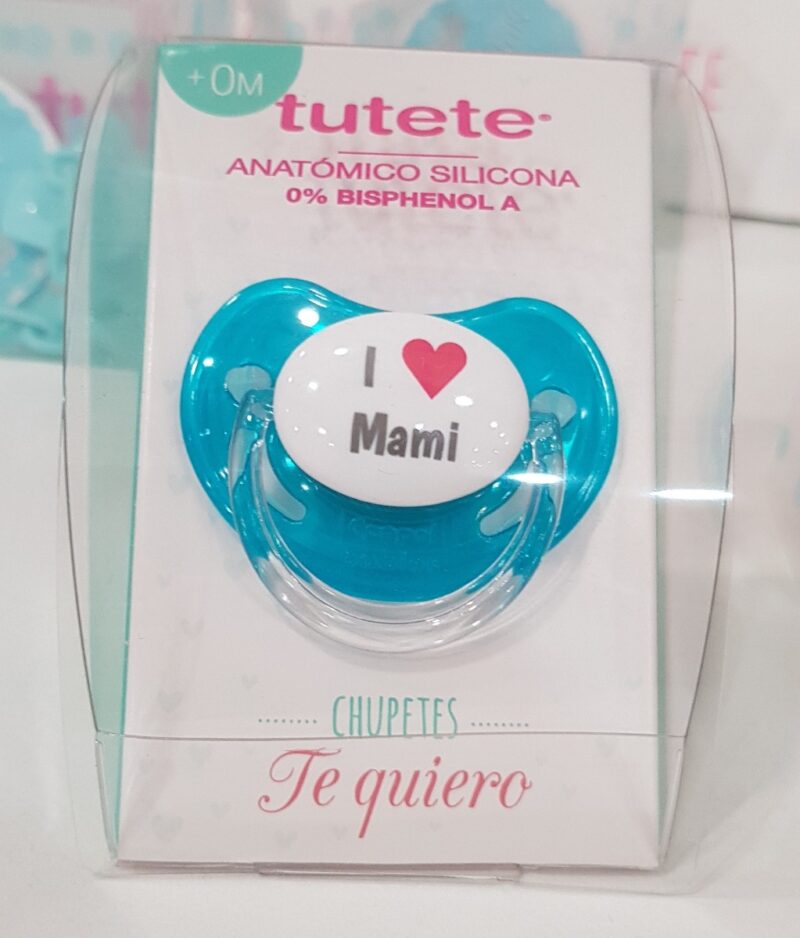 Suzeta albastra personalizată "I love mami" pentru +0 luni.