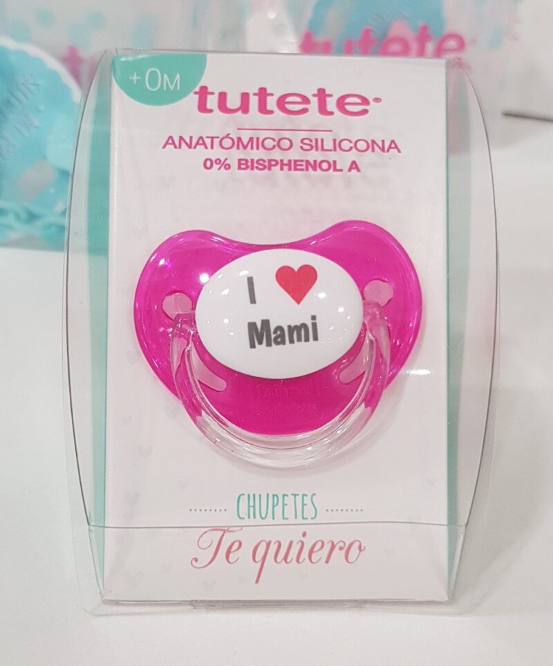 Suzeta roz personalizata "I love mami" pentru +0 luni.